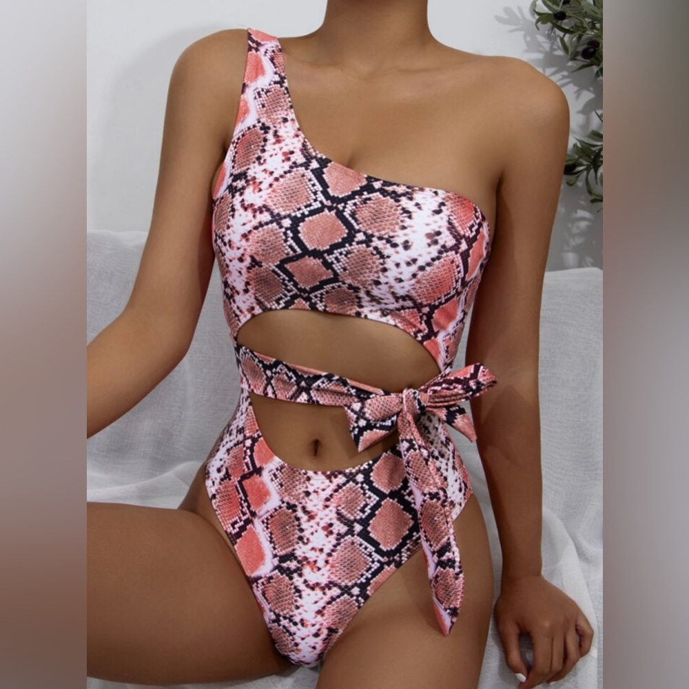 Snakeskin Cut-Out Knot Waist One Piece Swimsuit